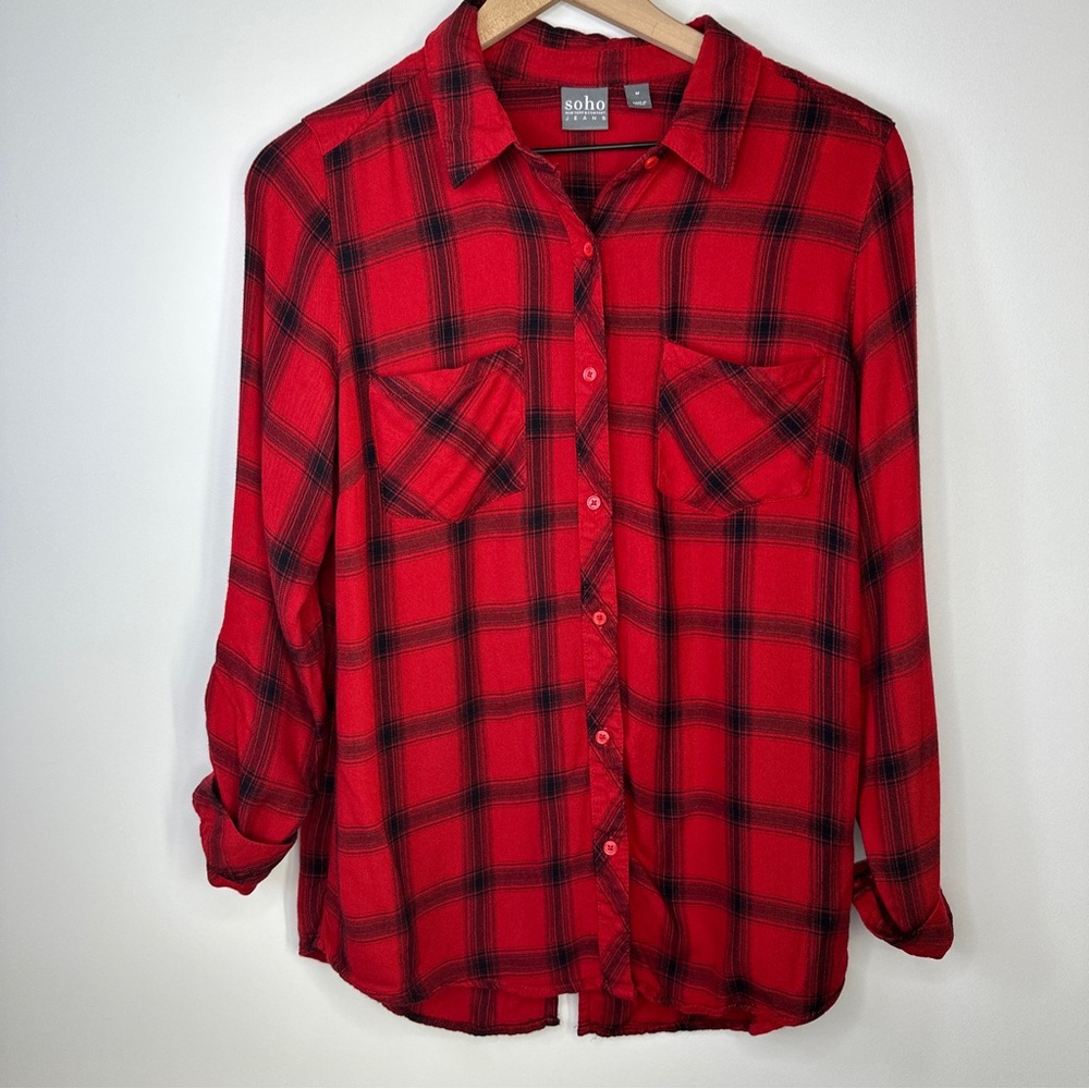 Soho New York & Company Womens Button Up Shirt Size Large Red Plaid Split Back